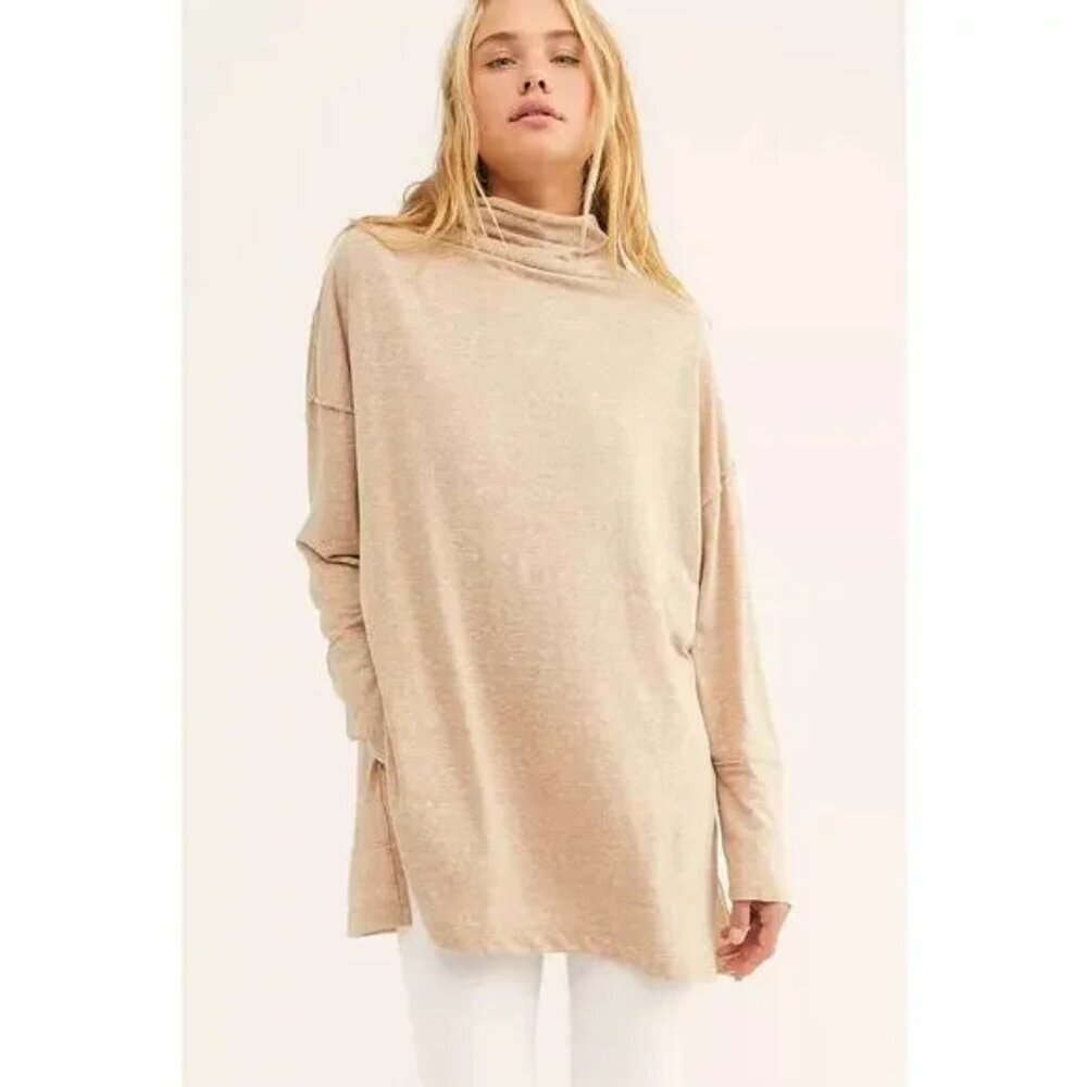 Free People We The Free Bella Vista Tunic Top Cowl Neck Turtleneck Tan SZ Small